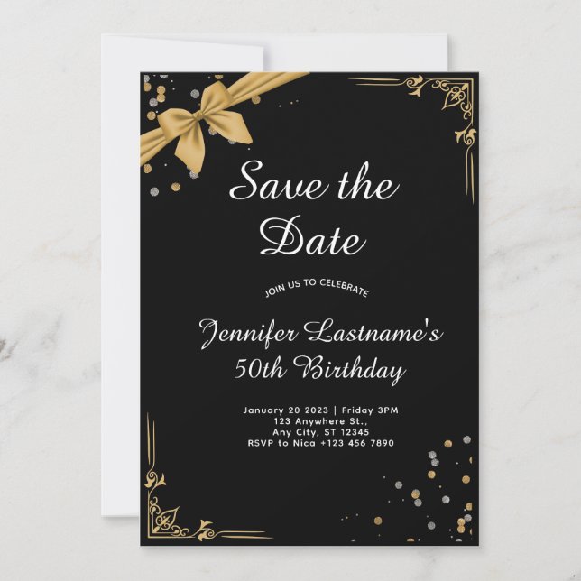 Elegante invitación de oro y negro a los 50 años (Anverso)