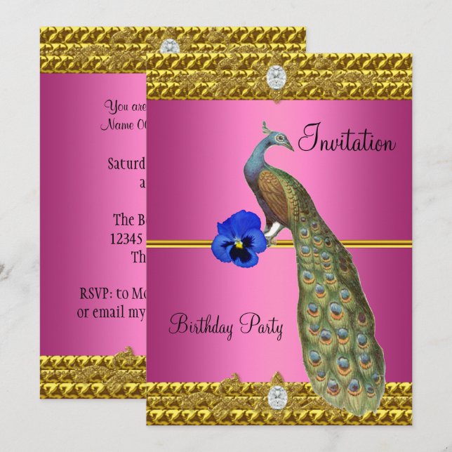 Elegante invitación de pavo real de oro (Anverso / Reverso)