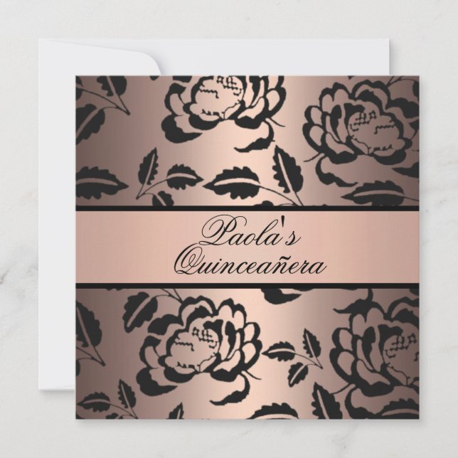 Elegante Invitación de Peach y Rosa Negro Quinceañ (Anverso)
