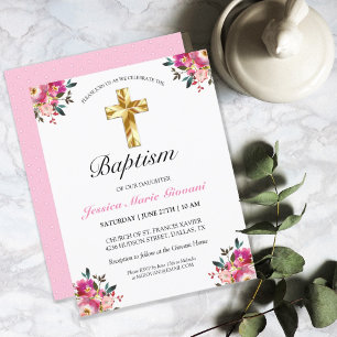 Elegante Invitación de PInk Floral Gold Cross Bapt