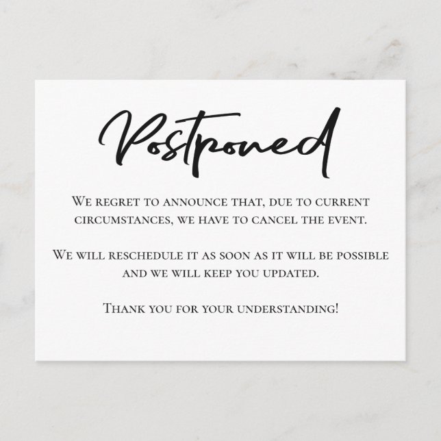 Elegante invitación de postergación en blanco y ne (Anverso)
