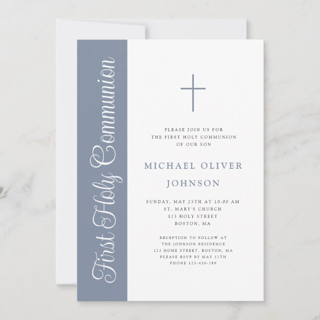 Elegante Invitación de Primera Comunión Niño Escri (Anverso)