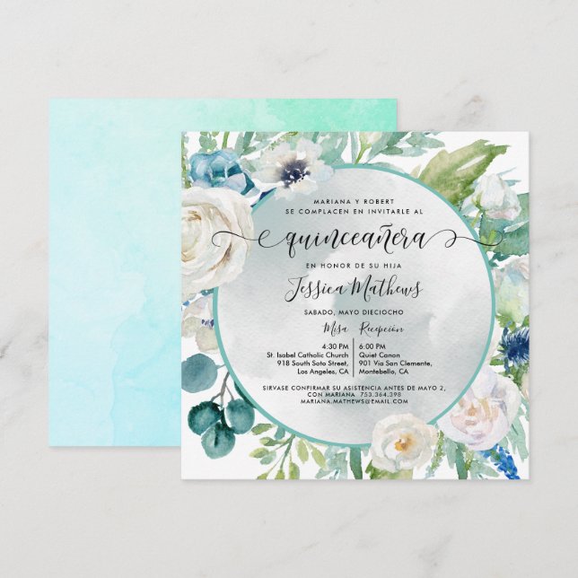 Elegante Invitación de Quinceañera Aqua Turquesa I (Anverso / Reverso)