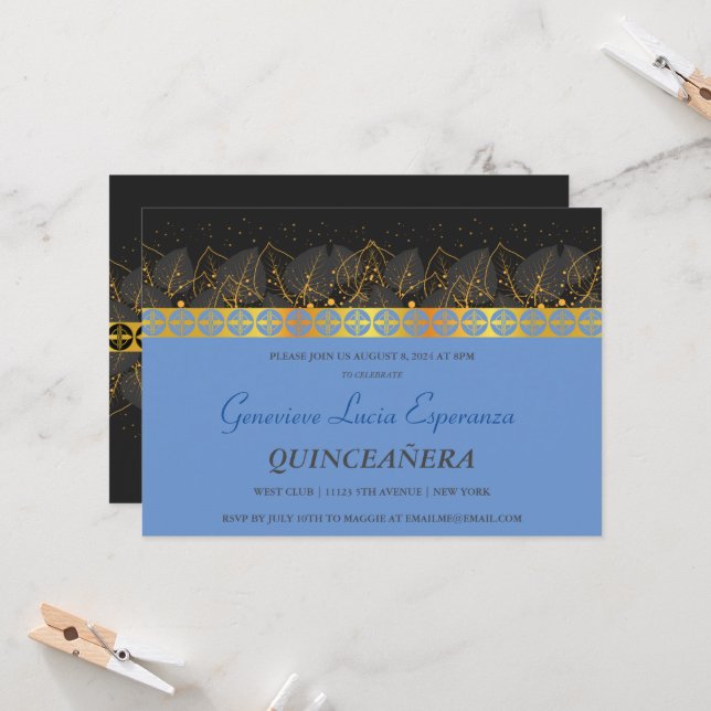 Elegante Invitación de Quinceañera con borde dorad (Anverso/Reverso In Situ)