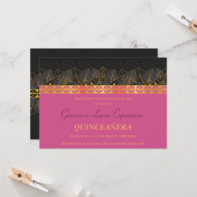 Elegante Invitación de Quinceañera con borde dorad (Anverso/Reverso In Situ)