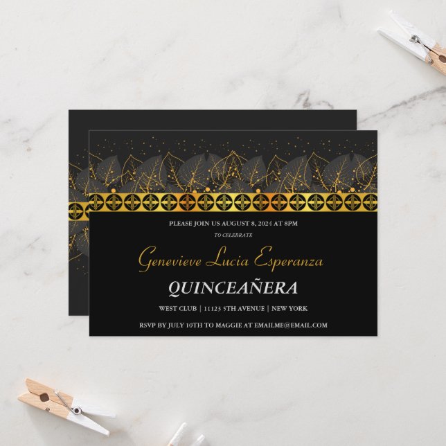 Elegante Invitación de Quinceañera con borde dorad (Anverso/Reverso In Situ)