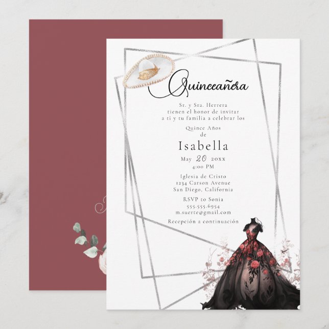 Elegante invitación de Quinceanera con traje negro (Anverso / Reverso)
