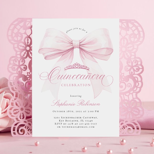 Elegante Invitación de Quinceañera de Bow Rosa (Subido por el creador)