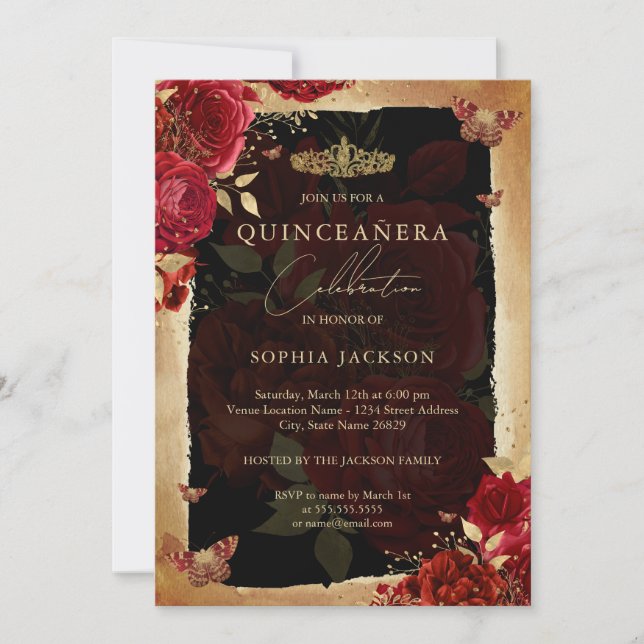 Elegante Invitación de Quinceanera de Oro Rosa Roj (Anverso)