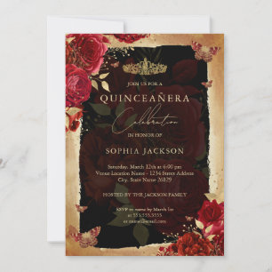 Elegante Invitación de Quinceanera de Oro Rosa Roj