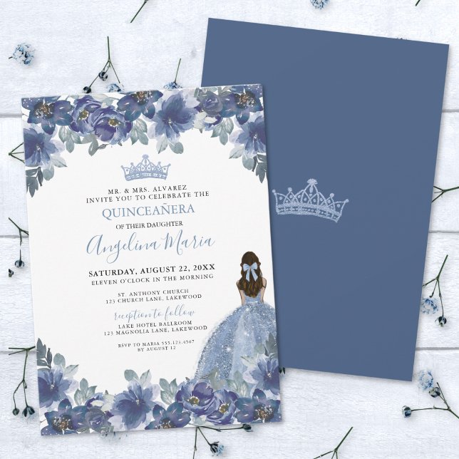 Elegante Invitación de Quinceanera Floral Azul (Elegant Floral Blue Quinceanera Invitation)