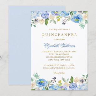 Elegante Invitación de Quinceañera Floral Azul Dor