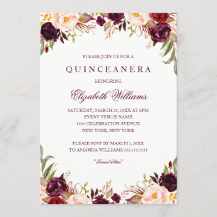 Elegante invitación de Quinceañera floral borgoña