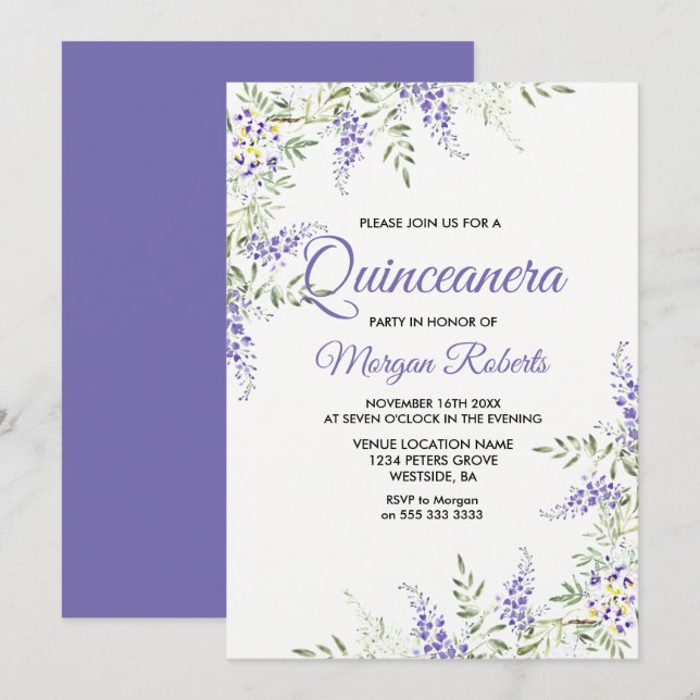 Elegante Invitación de Quinceanera Floral de Lavan (Anverso / Reverso)