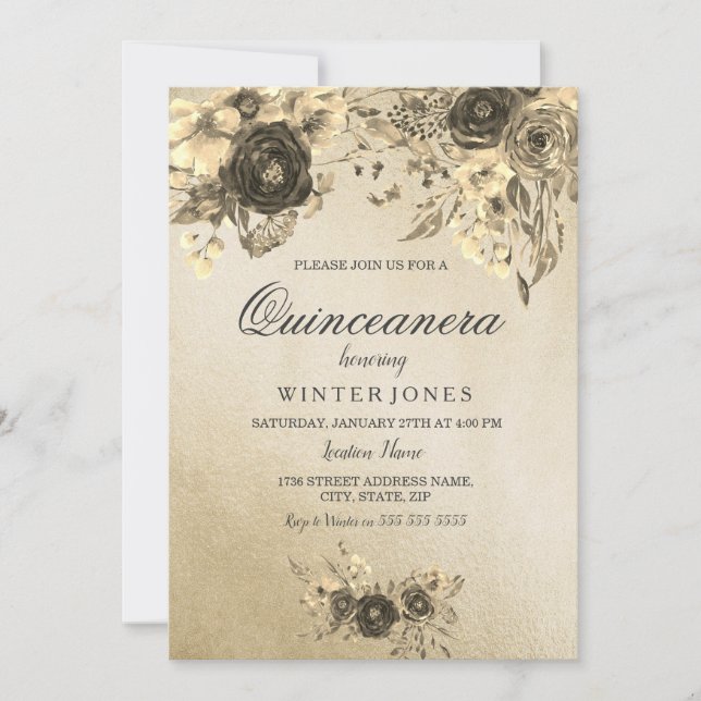 Elegante Invitación de Quinceanera floral de oro (Anverso)