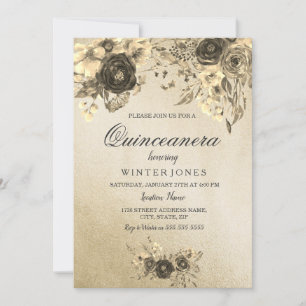 Elegante Invitación de Quinceanera floral de oro
