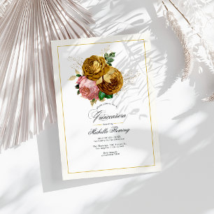 Elegante Invitación de Quinceañera Floral Dorada y
