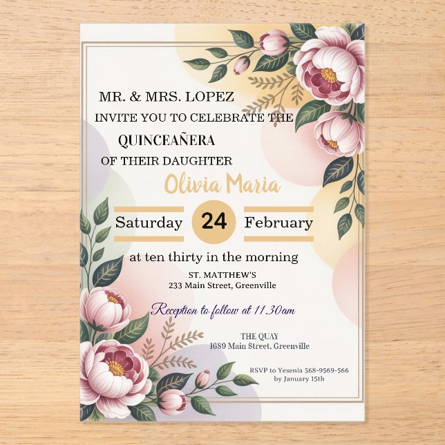 Elegante Invitación de Quinceañera floral - Editab (Anverso)