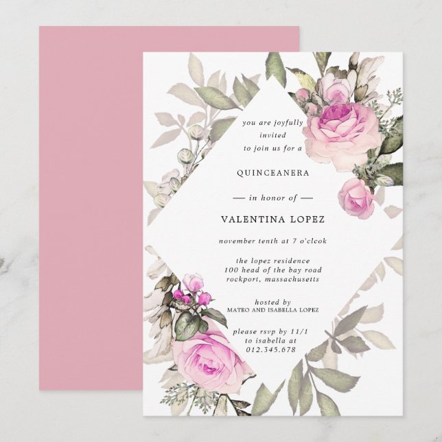 Elegante Invitación de Quinceanera Floral Rosa (Anverso / Reverso)