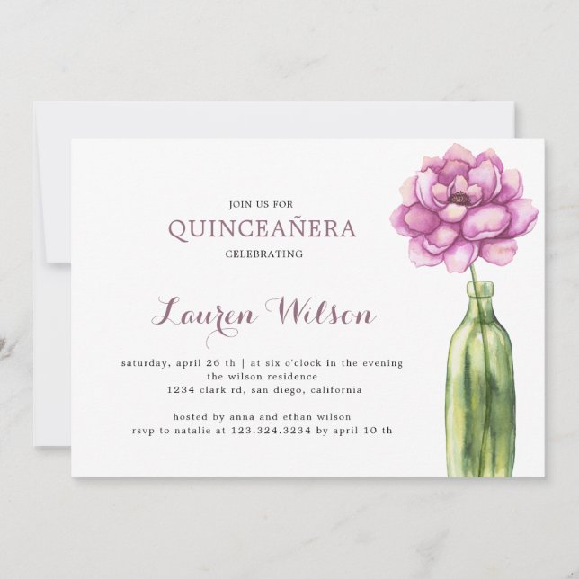Elegante Invitación de Quinceanera Floral Rosa (Anverso)
