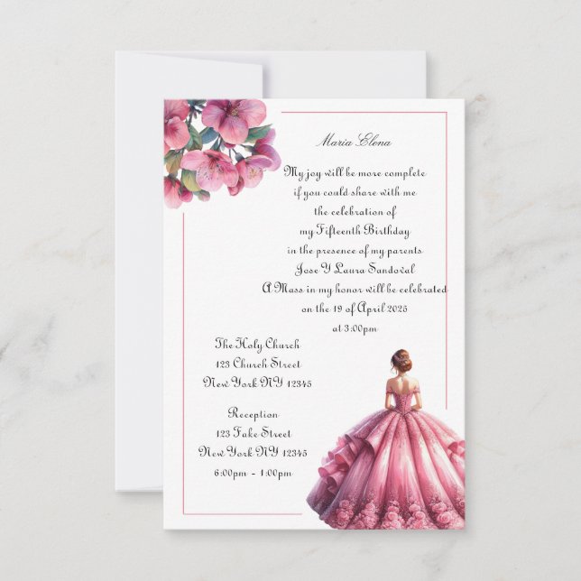 Elegante Invitación de Quinceañera floral rosa (Anverso)