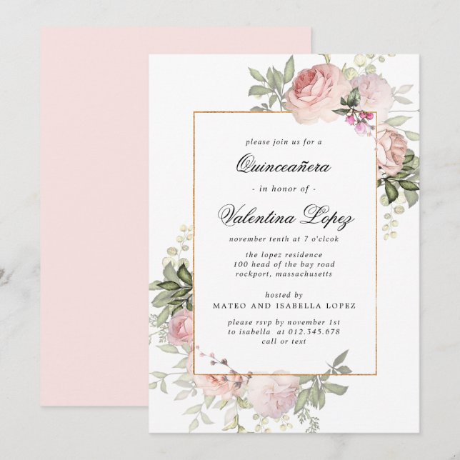 Elegante Invitación de Quinceanera floral rosa Rub (Anverso / Reverso)