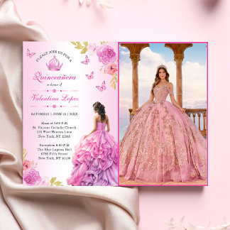 Elegante Invitación de Quinceañera floral rosa Rub