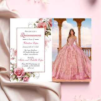 Elegante Invitación de Quinceañera floral rosa Rub