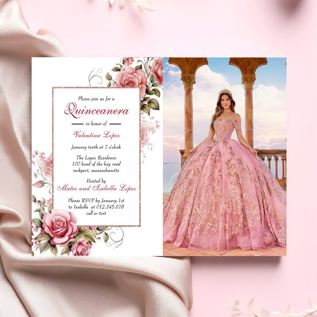 Elegante Invitación de Quinceañera floral rosa Rub (Subido por el creador)