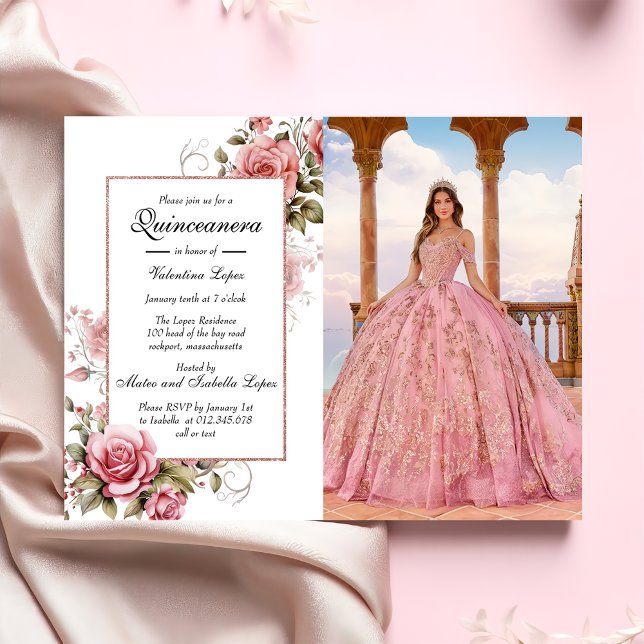 Elegante Invitación de Quinceanera floral rosa Rub (Subido por el creador)