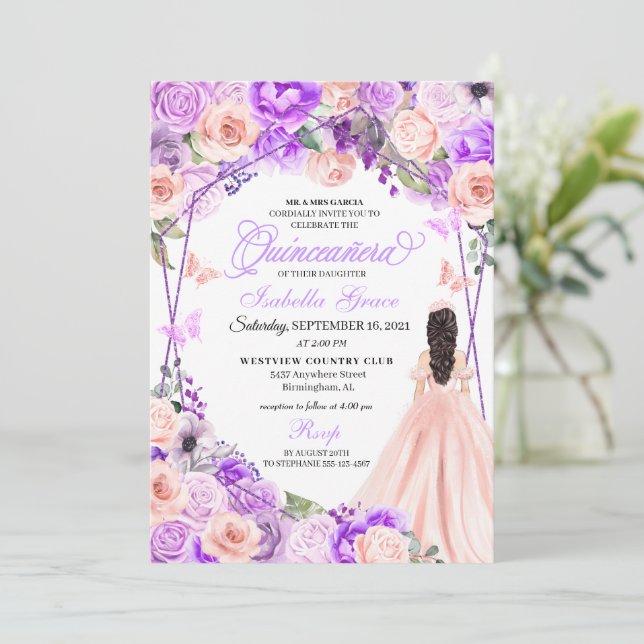 Elegante Invitación de Quinceanera floral rosa y p (Anverso de pie)