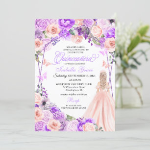 Elegante Invitación de Quinceanera floral rosa y p