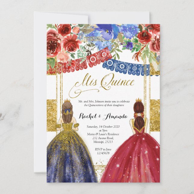 Elegante Invitación de Quinceañera Gemela Floral D (Anverso)