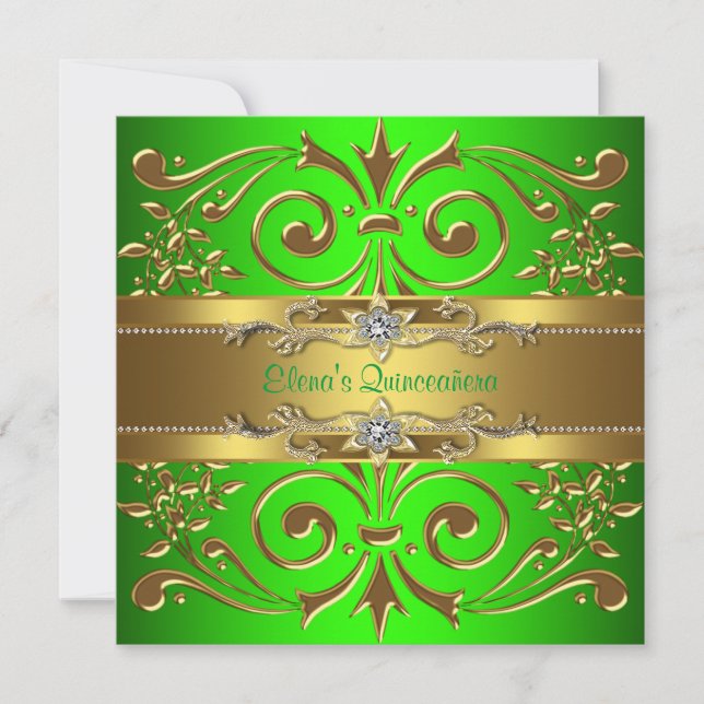 Elegante Invitación de Quinceañera Lime Verde y Or (Anverso)