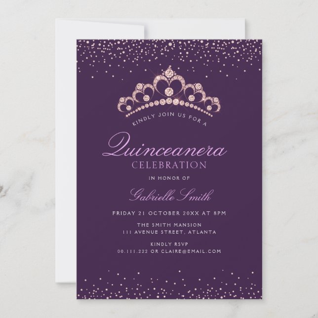 elegante invitación de Quinceanera púrpura (Anverso)
