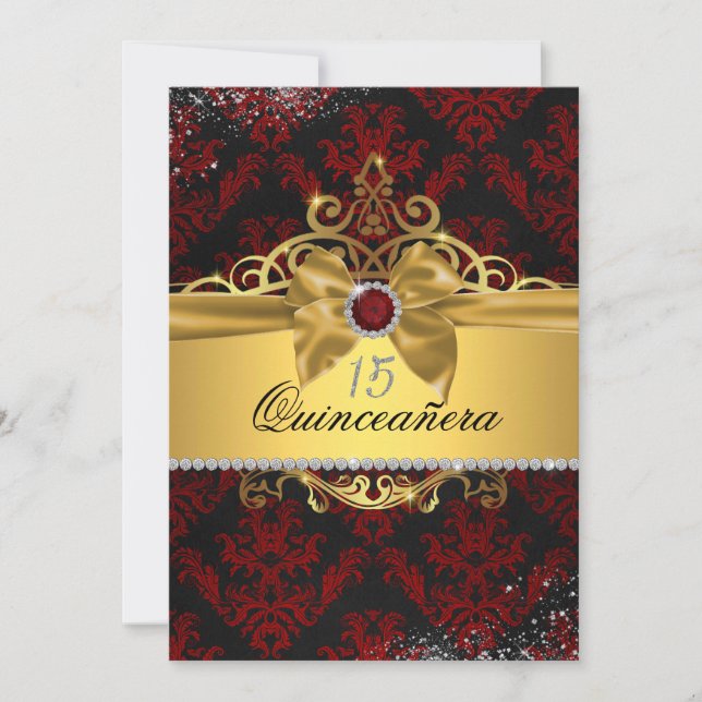 Elegante Invitación de Quinceanera Rojo de Oro (Anverso)