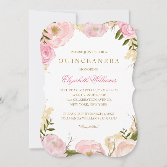 Elegante Invitación de Quinceanera Rosa (Anverso)