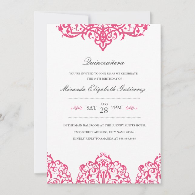 Elegante Invitación de Quinceañera Rosa (Anverso)