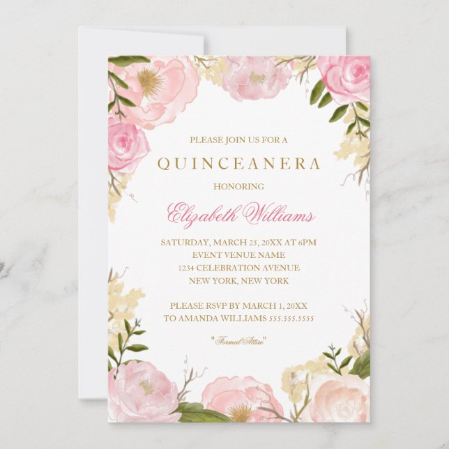Elegante Invitación de Quinceanera Rosa (Anverso)