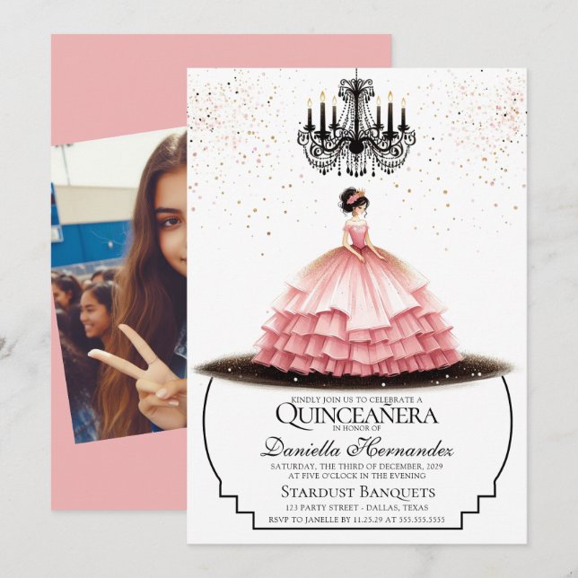 Elegante Invitación de Quinceañera Rosa (Anverso / Reverso)