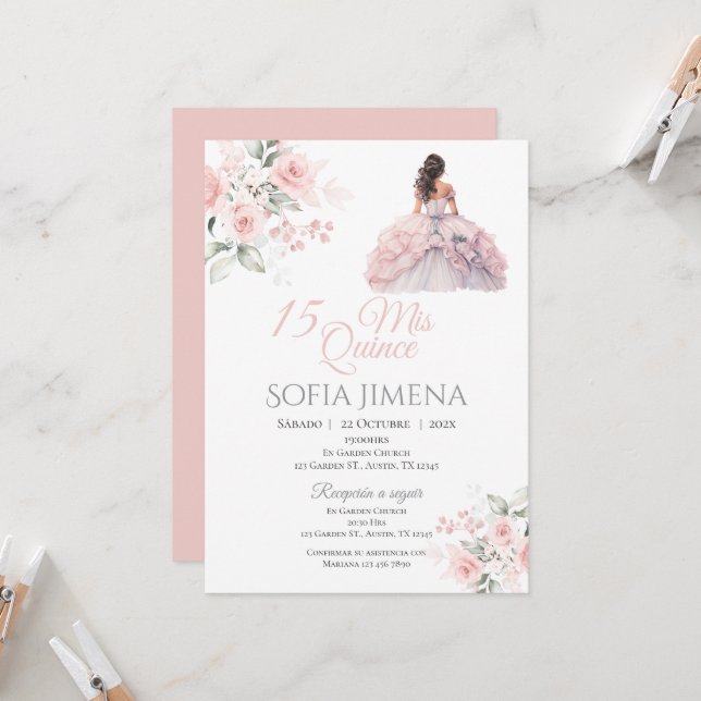 Elegante invitación de Quinceanera Rosa Rosa de Ru (Anverso/Reverso In Situ)