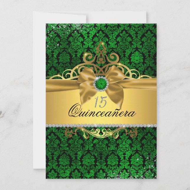 Elegante Invitación de Quinceanera verde de oro (Anverso)