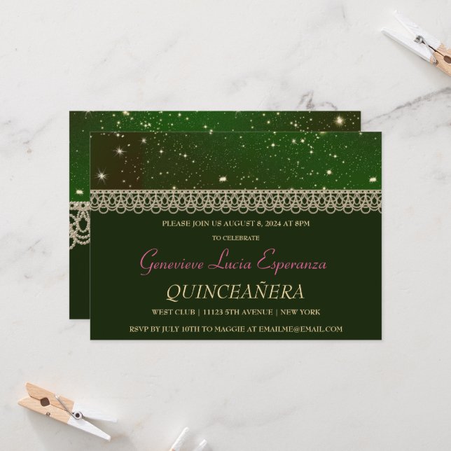 Elegante Invitación de Quinceañera Verde y Oro (Anverso/Reverso In Situ)