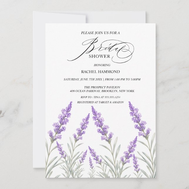 Elegante Invitación de Regadera de Boda Lavanda Pú (Anverso)