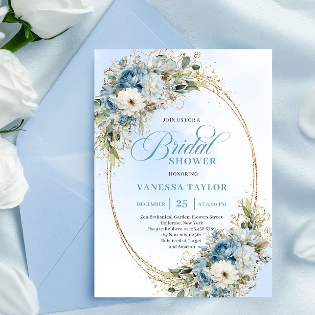 Elegante Invitación de Regadera Nupcial con Flores (Elegant Dusty Blue Floral Script Bridal Shower Invitation)
