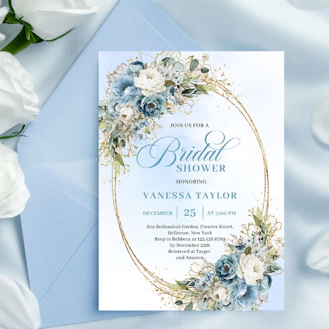 Elegante Invitación de Regadera Nupcial con Verde  (Elegant Dusty Blue Greenery Script Bridal Shower Invite)