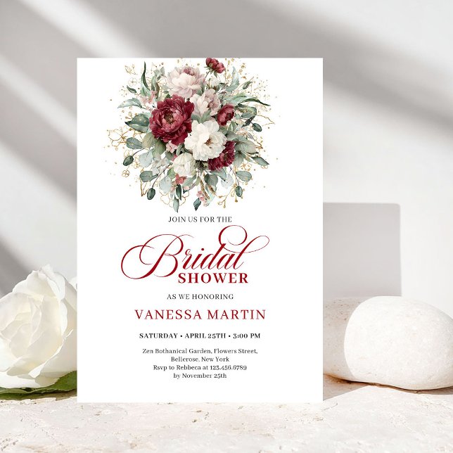 Elegante Invitación de Regadera Nupcial Floral Bor (Elegant Burgundy Floral Bridal Shower Invitation)