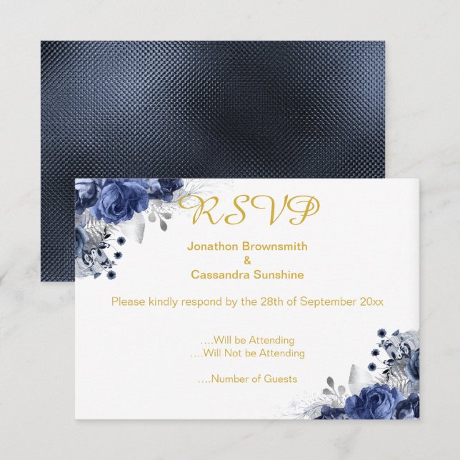 ELEGANTE INVITACIÓN DE RSVP CON ROSA RELIEVE AZUL (Anverso / Reverso)