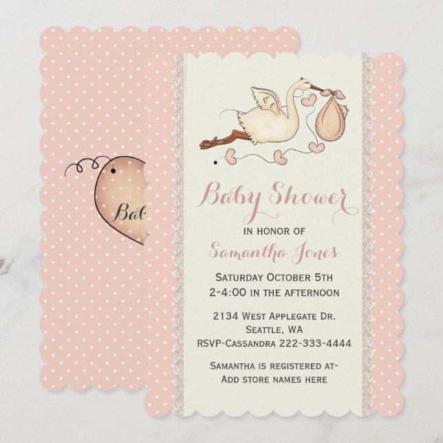 Elegante invitación de Stork Baby Shower (Anverso / Reverso)