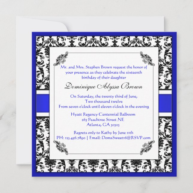 Elegante Invitación de Swirl Damask [Azul] (Anverso)
